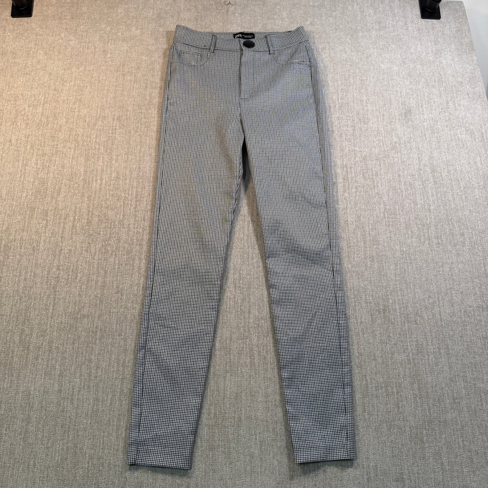 Zara Womens XS Black White Houndstooth High Waisted Skinny Trousers Pants